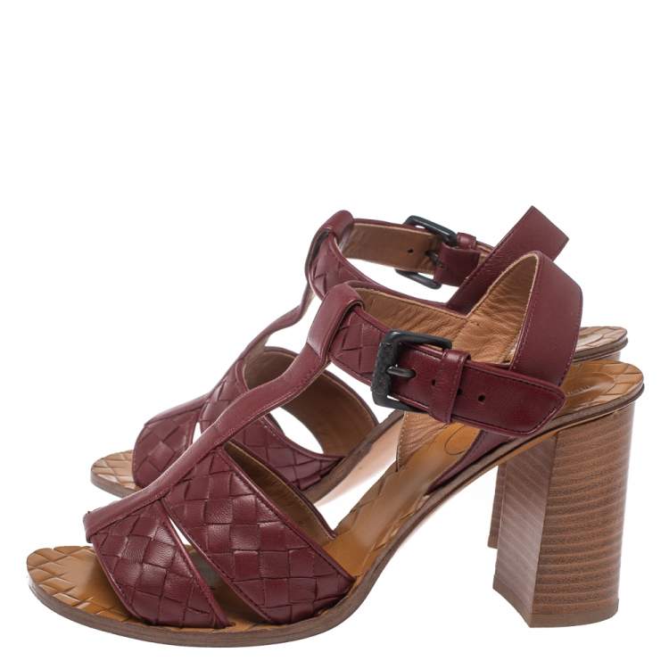 Pre Owned Bottega Veneta Burgundy Leather Intrecciato Ankle Strap Sandals Size 37