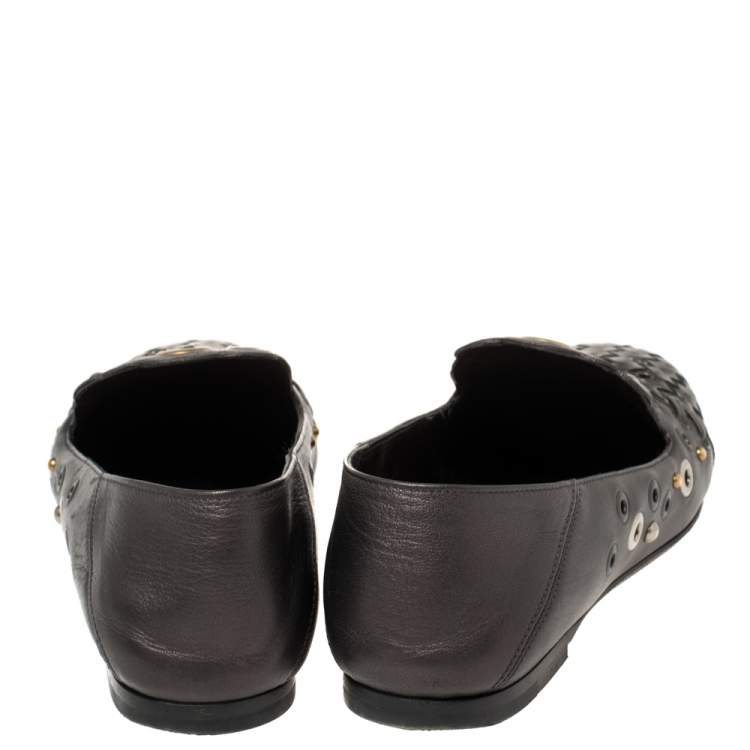 Pre Owned Bottega Veneta Metallic Black Intrecciato Leather Studded Loafers Size 39