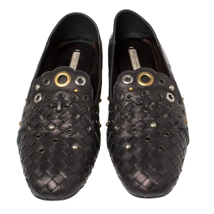 Pre Owned Bottega Veneta Metallic Black Intrecciato Leather Studded Loafers Size 39