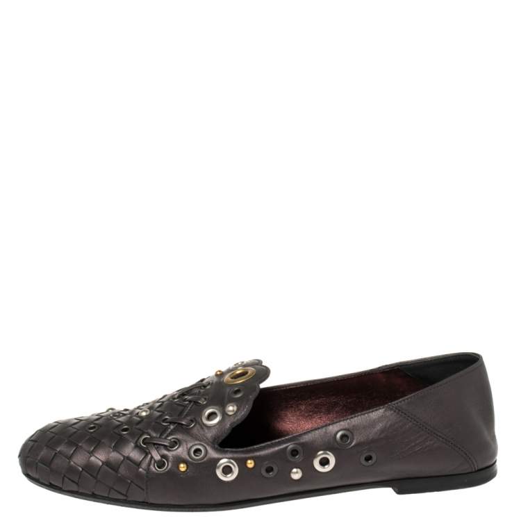 Pre Owned Bottega Veneta Metallic Black Intrecciato Leather Studded Loafers Size 39
