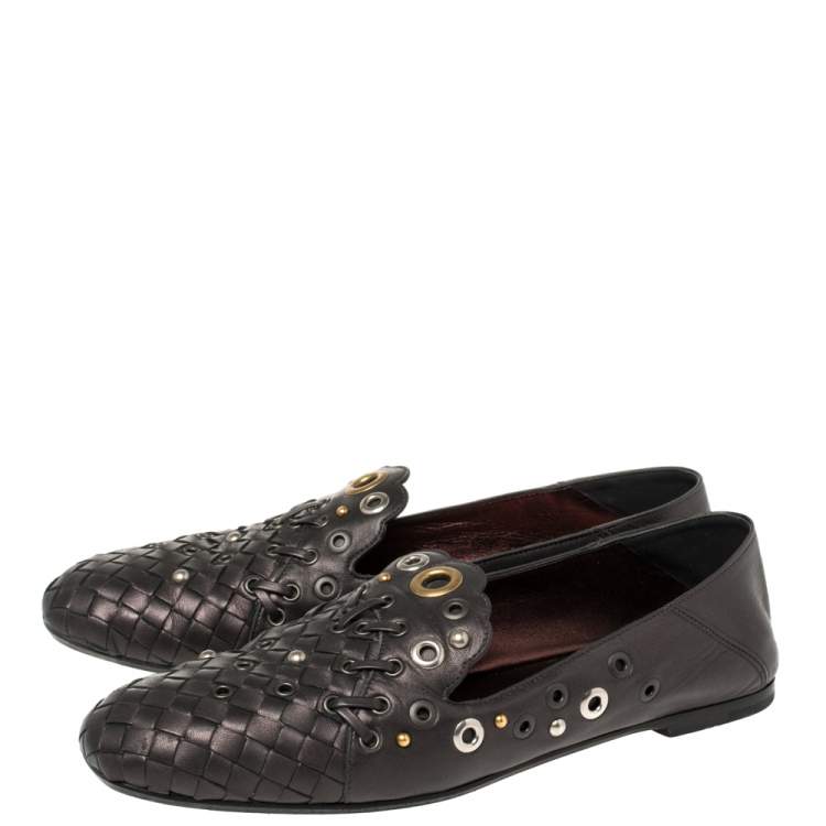 Pre Owned Bottega Veneta Metallic Black Intrecciato Leather Studded Loafers Size 39