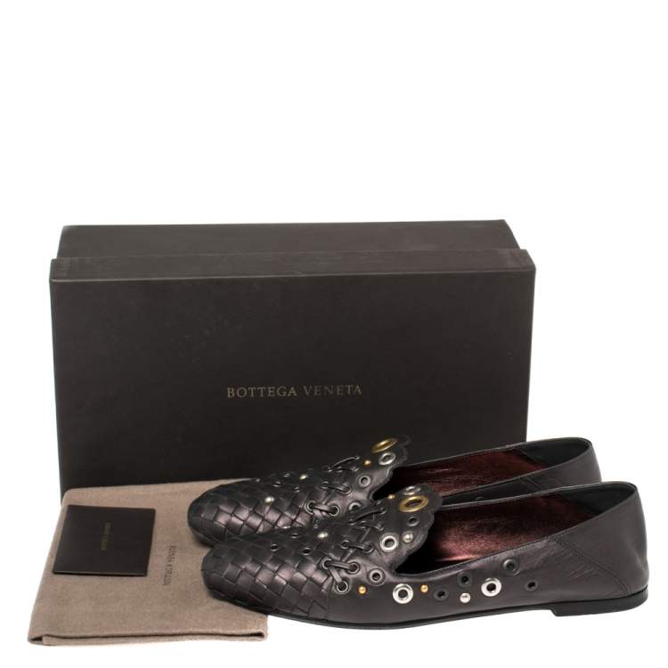 Pre Owned Bottega Veneta Metallic Black Intrecciato Leather Studded Loafers Size 39