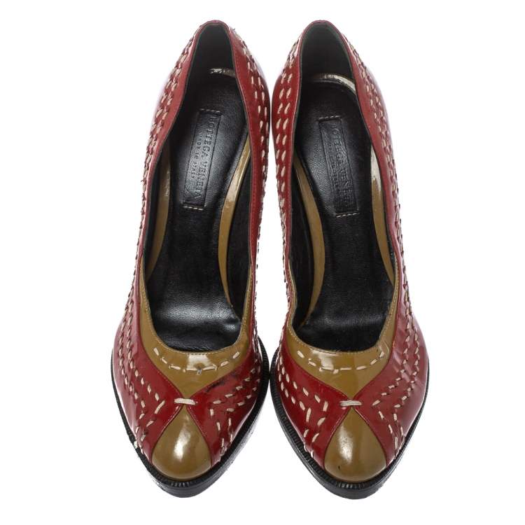Pre Owned Bottega Veneta Red/Brown Patent Leather Pumps Size 35.5