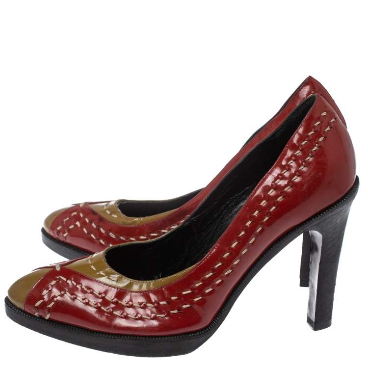 Pre Owned Bottega Veneta Red/Brown Patent Leather Pumps Size 35.5