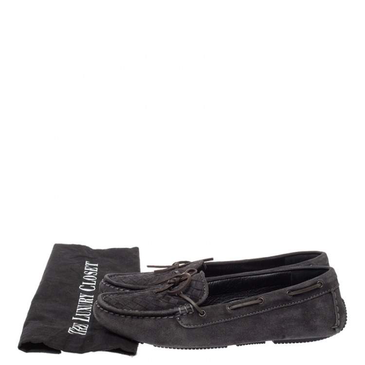 Pre Owned Bottega Veneta Dark Grey  Intrecciato Suede Trim Bow Loafers Size 39