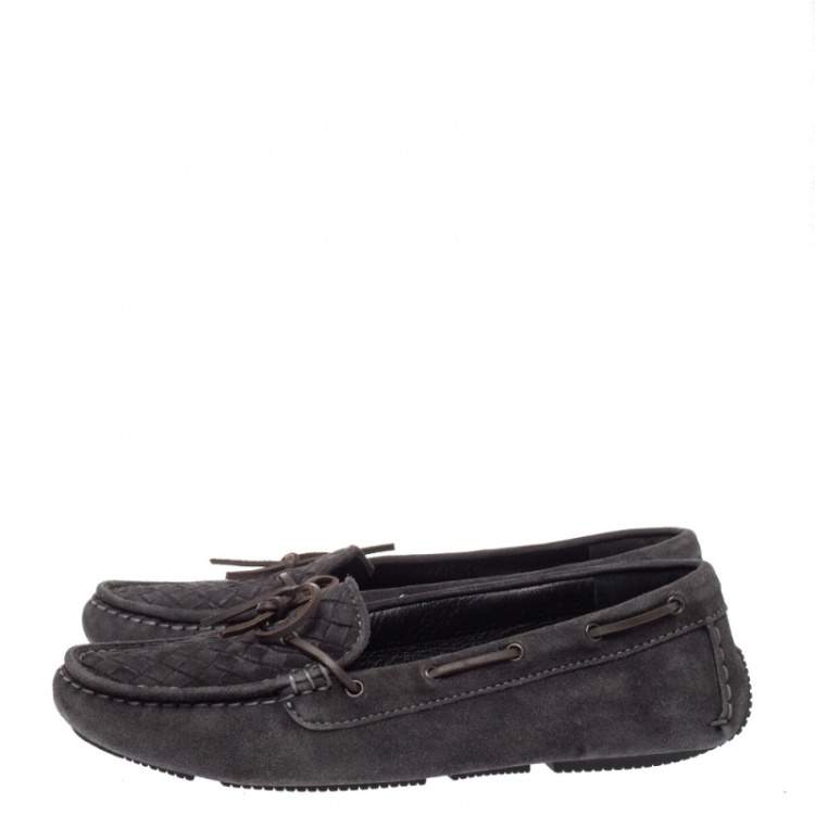 Pre Owned Bottega Veneta Dark Grey  Intrecciato Suede Trim Bow Loafers Size 39