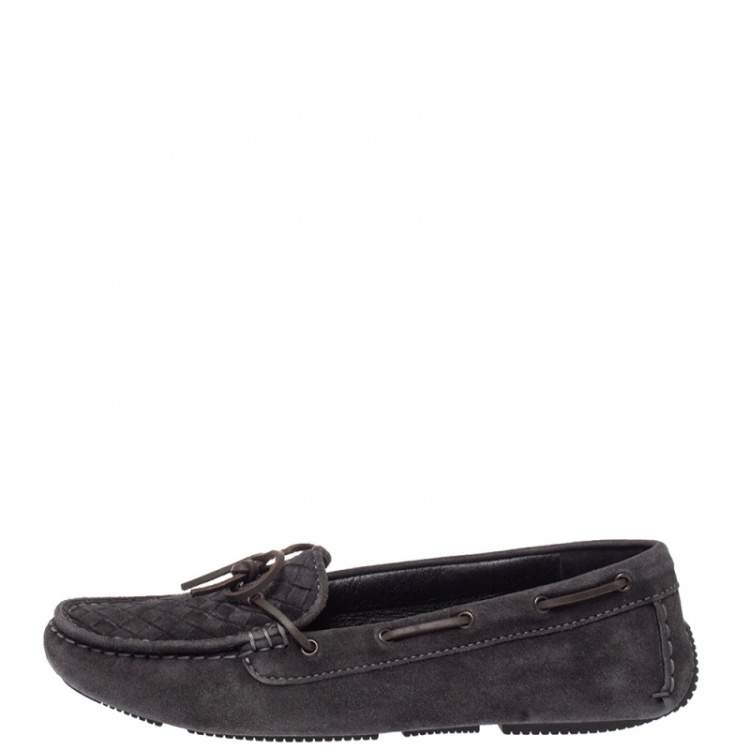 Pre Owned Bottega Veneta Dark Grey  Intrecciato Suede Trim Bow Loafers Size 39