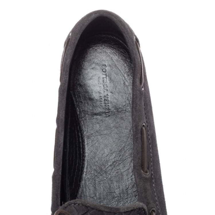 Pre Owned Bottega Veneta Dark Grey  Intrecciato Suede Trim Bow Loafers Size 39