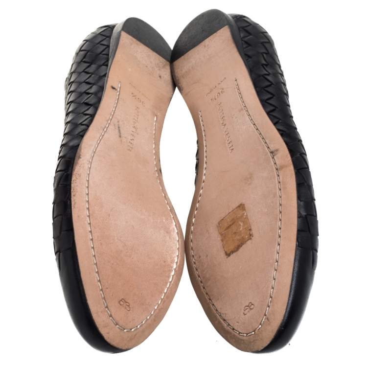 Pre Owned Bottega Veneta Black Intercciato Leather Ballet Flats Size 36.5