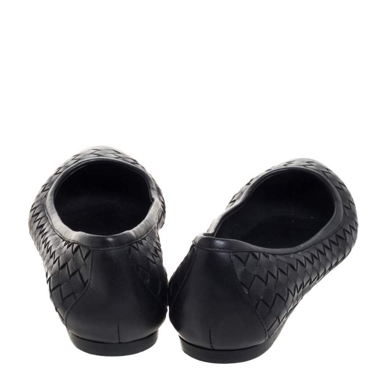 Pre Owned Bottega Veneta Black Intercciato Leather Ballet Flats Size 36.5