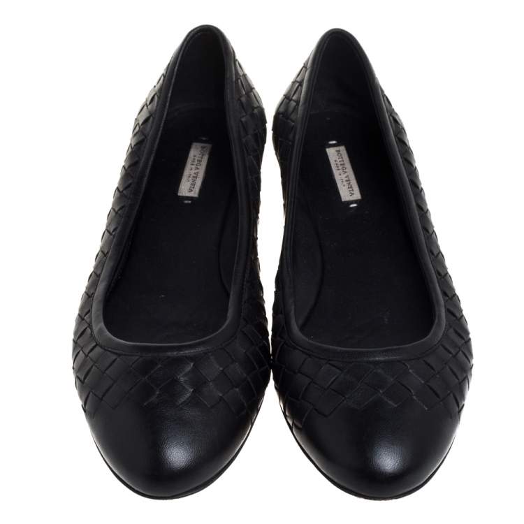 Pre Owned Bottega Veneta Black Intercciato Leather Ballet Flats Size 36.5