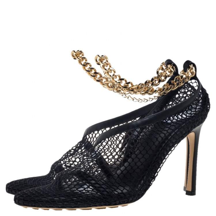 Pre Owned Bottega Veneta Black Mesh And Leather Trims Chain Embellished Ankle Cuff Pumps Size 38.5