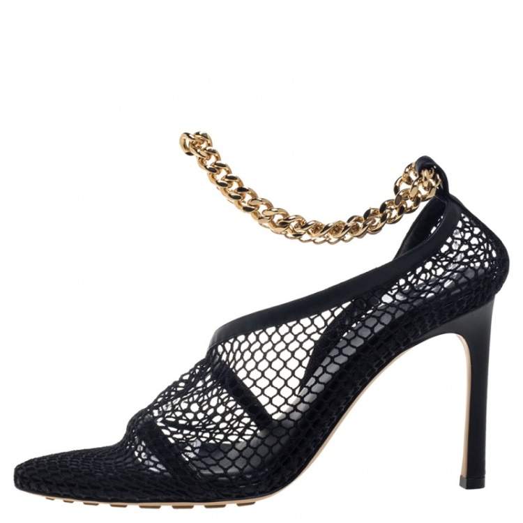 Pre Owned Bottega Veneta Black Mesh And Leather Trims Chain Embellished Ankle Cuff Pumps Size 38.5