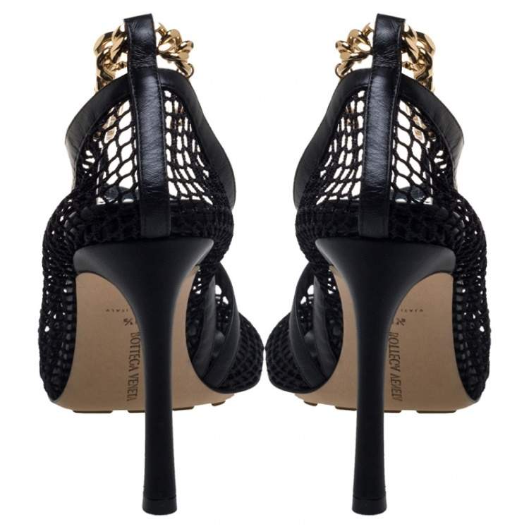 Pre Owned Bottega Veneta Black Mesh And Leather Trims Chain Embellished Ankle Cuff Pumps Size 38.5