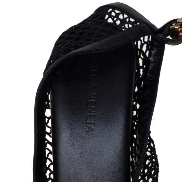 Pre Owned Bottega Veneta Black Mesh And Leather Trims Chain Embellished Ankle Cuff Pumps Size 38.5