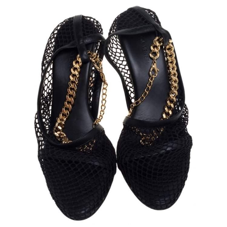 Pre Owned Bottega Veneta Black Mesh And Leather Trims Chain Embellished Ankle Cuff Pumps Size 38.5
