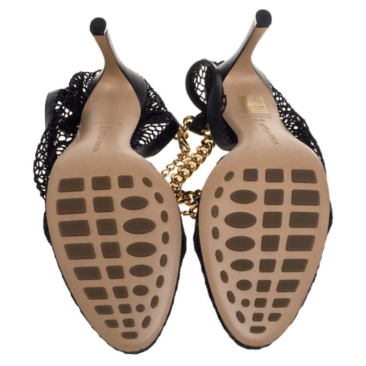 Pre Owned Bottega Veneta Black Mesh And Leather Trims Chain Embellished Ankle Cuff Pumps Size 38.5