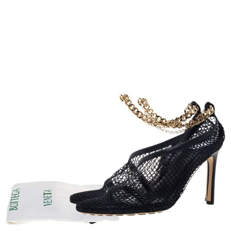 Pre Owned Bottega Veneta Black Mesh And Leather Trims Chain Embellished Ankle Cuff Pumps Size 38.5
