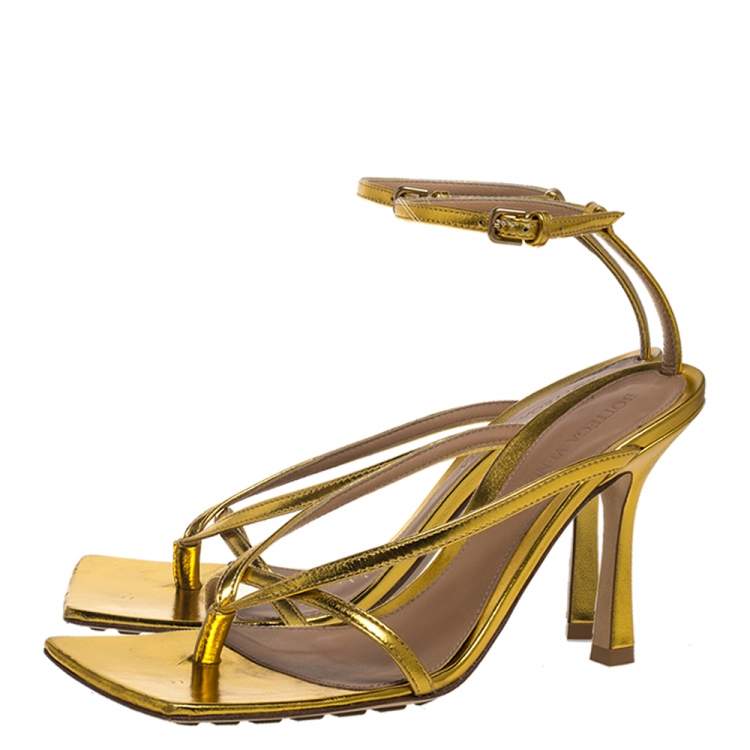 Pre Owned Bottega Veneta Metallic Gold Leather Ankle Strap Sandals Size 36.5
