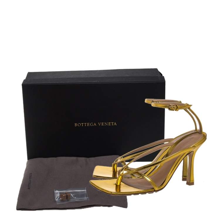 Pre Owned Bottega Veneta Metallic Gold Leather Ankle Strap Sandals Size 36.5