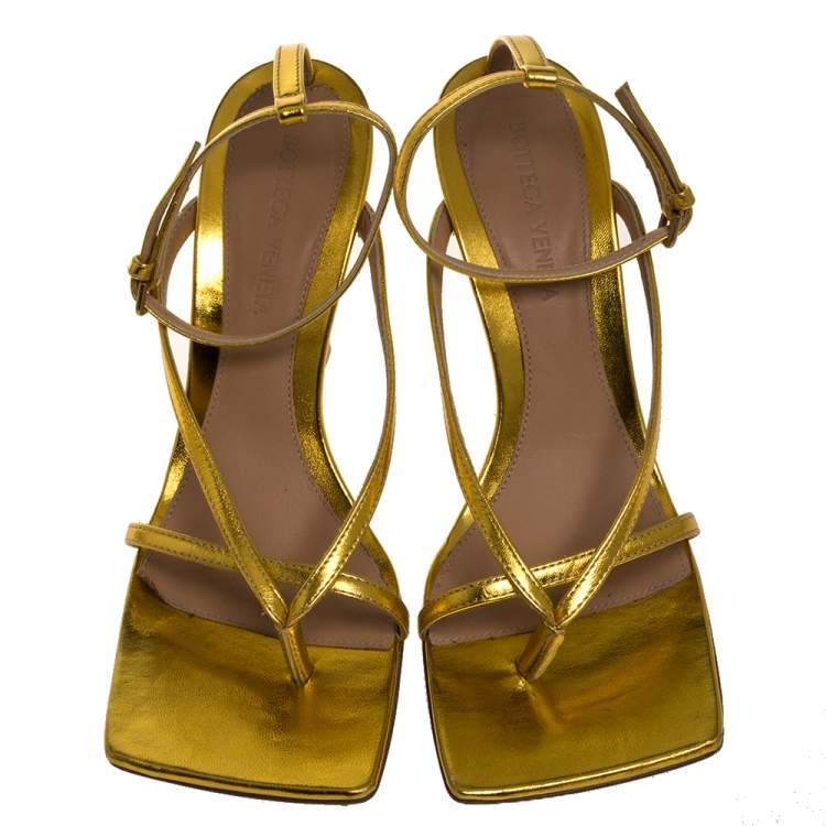 Pre Owned Bottega Veneta Metallic Gold Leather Ankle Strap Sandals Size 36.5