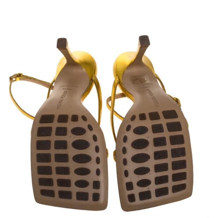 Pre Owned Bottega Veneta Metallic Gold Leather Ankle Strap Sandals Size 36.5