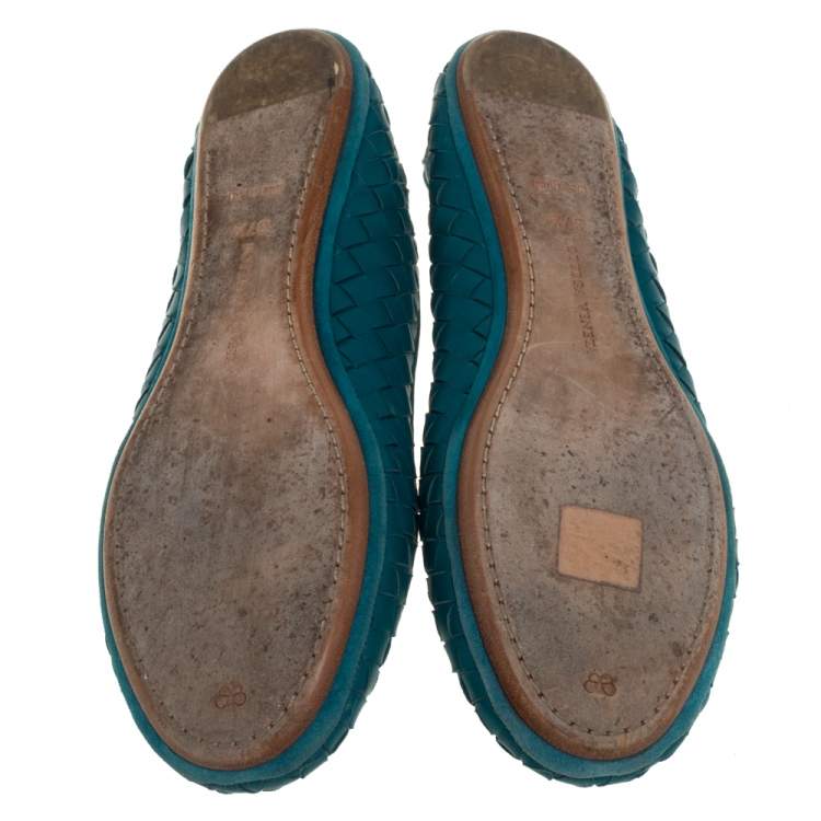 Pre Owned Bottega Veneta Blue Intrecciato Leather Smoking Slippers Size 37.5