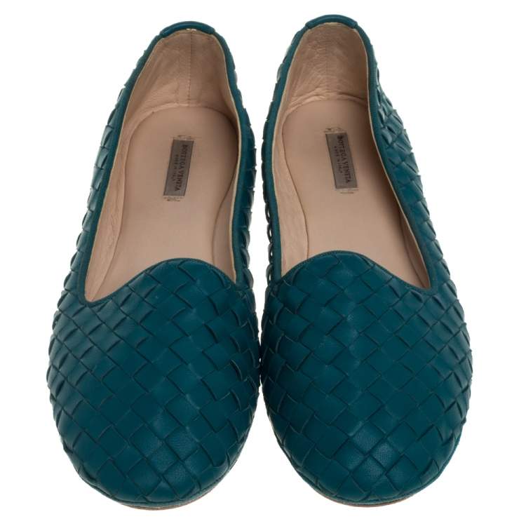 Pre Owned Bottega Veneta Blue Intrecciato Leather Smoking Slippers Size 37.5