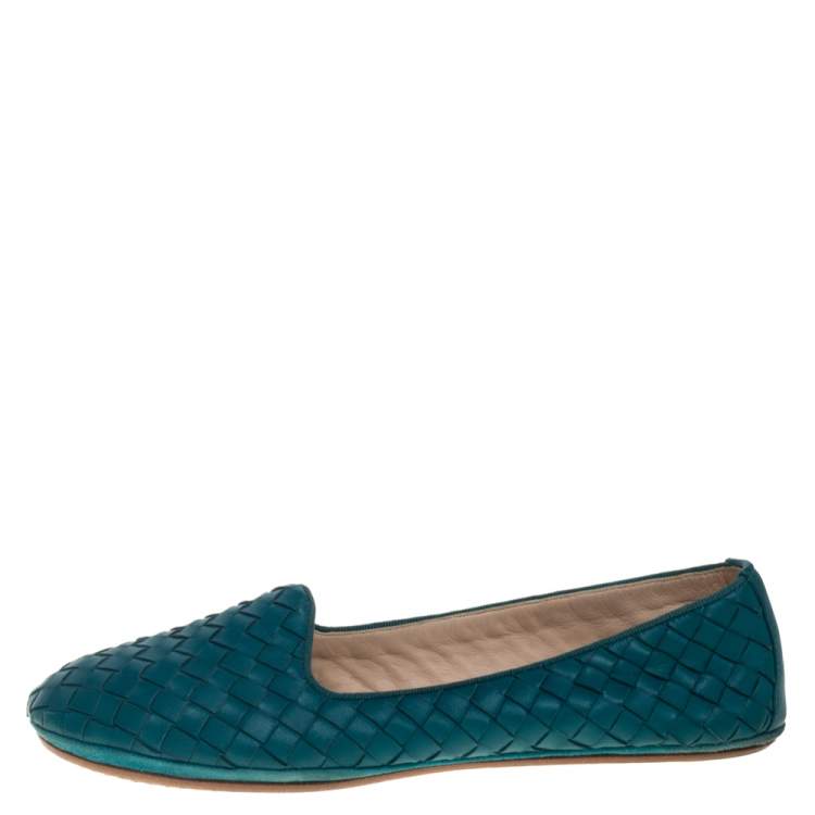 Pre Owned Bottega Veneta Blue Intrecciato Leather Smoking Slippers Size 37.5
