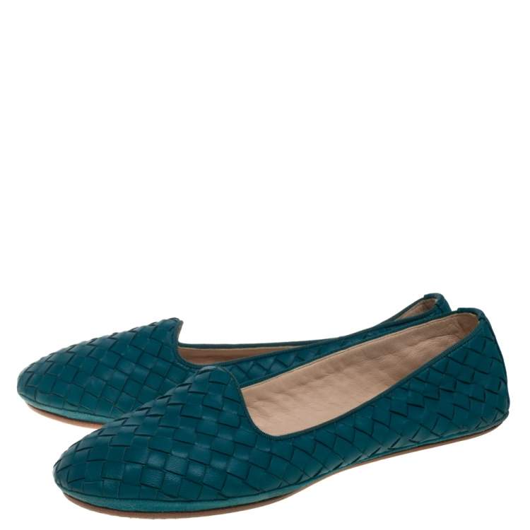 Pre Owned Bottega Veneta Blue Intrecciato Leather Smoking Slippers Size 37.5