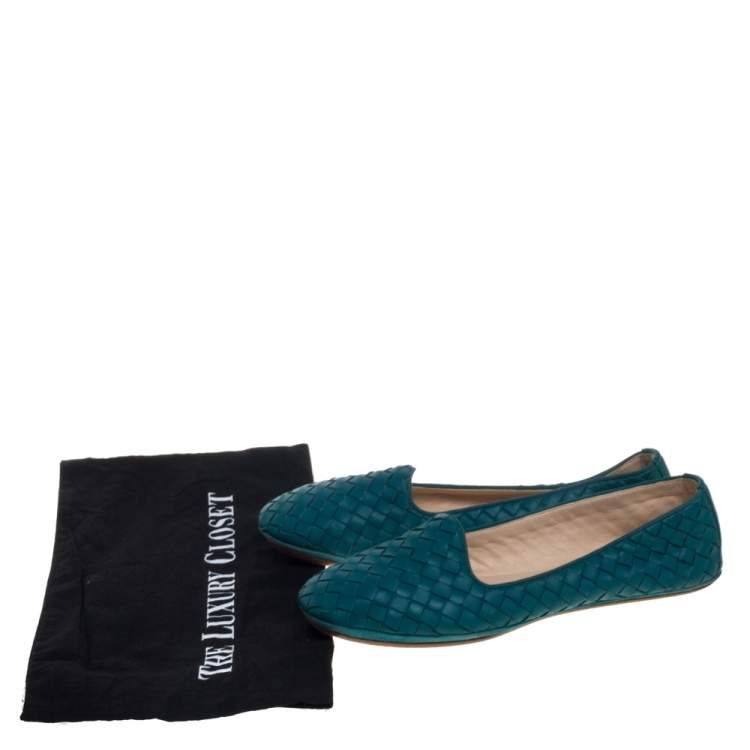 Pre Owned Bottega Veneta Blue Intrecciato Leather Smoking Slippers Size 37.5