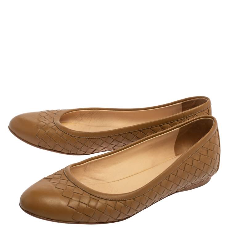 Pre Owned Bottega Veneta Brown Intrecciato Leather Ballet Flats Size 37