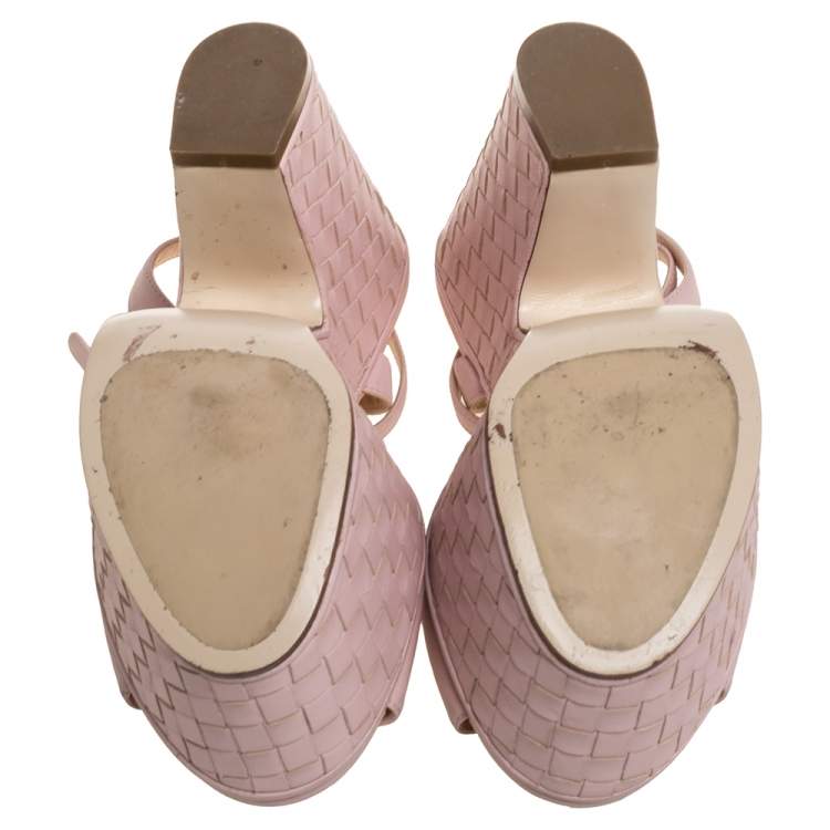 Pre Owned Bottega Veneta Pink Leather Platform Ankle Strap Sandals Size 36.5