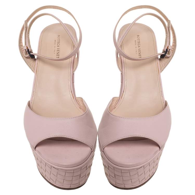 Pre Owned Bottega Veneta Pink Leather Platform Ankle Strap Sandals Size 36.5