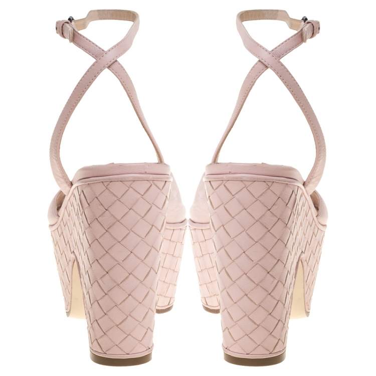 Pre Owned Bottega Veneta Pink Leather Platform Ankle Strap Sandals Size 36.5