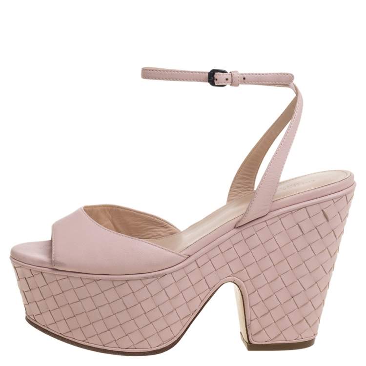 Pre Owned Bottega Veneta Pink Leather Platform Ankle Strap Sandals Size 36.5
