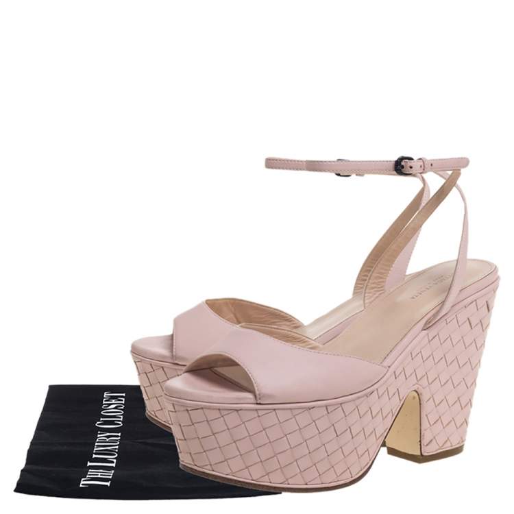 Pre Owned Bottega Veneta Pink Leather Platform Ankle Strap Sandals Size 36.5