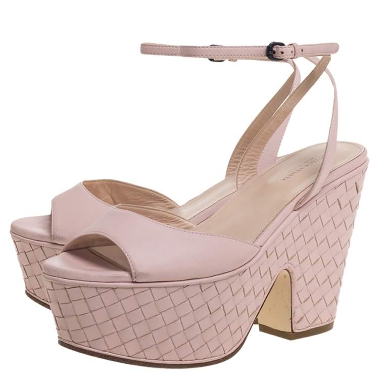 Pre Owned Bottega Veneta Pink Leather Platform Ankle Strap Sandals Size 36.5