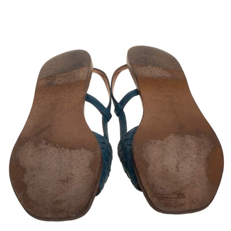 Pre Owned Bottega Veneta Blue Intrecciato Leather Slingback Open Toe Flat Sandals Size 38.5