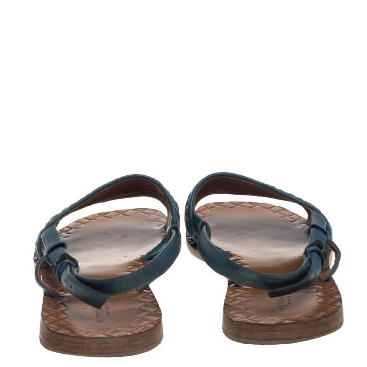 Pre Owned Bottega Veneta Blue Intrecciato Leather Slingback Open Toe Flat Sandals Size 38.5