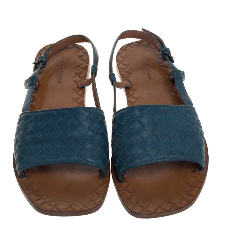 Pre Owned Bottega Veneta Blue Intrecciato Leather Slingback Open Toe Flat Sandals Size 38.5