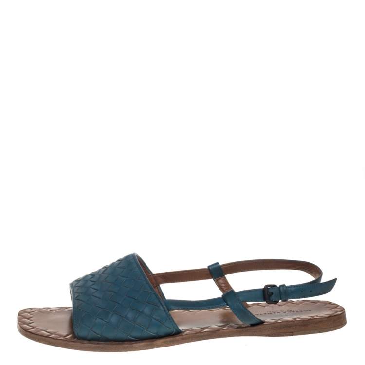 Pre Owned Bottega Veneta Blue Intrecciato Leather Slingback Open Toe Flat Sandals Size 38.5