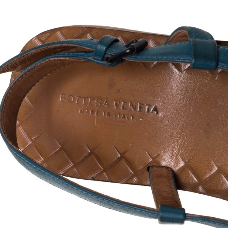 Pre Owned Bottega Veneta Blue Intrecciato Leather Slingback Open Toe Flat Sandals Size 38.5