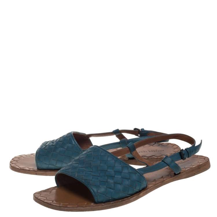 Pre Owned Bottega Veneta Blue Intrecciato Leather Slingback Open Toe Flat Sandals Size 38.5