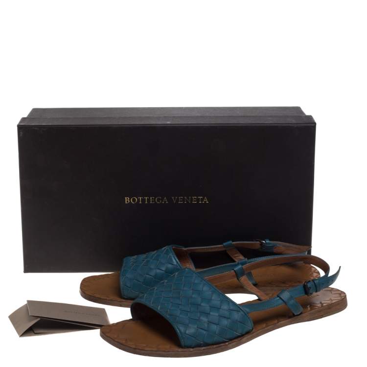 Pre Owned Bottega Veneta Blue Intrecciato Leather Slingback Open Toe Flat Sandals Size 38.5