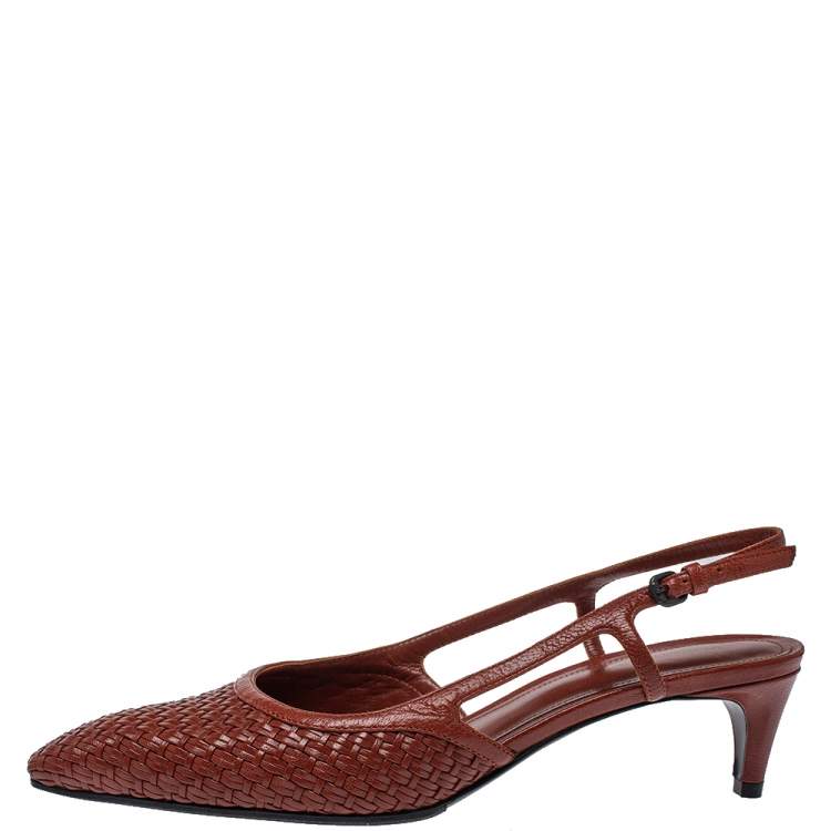 Pre Owned Bottega Veneta Burgundy  Leather Woven  Slingback Sandals Size 38 