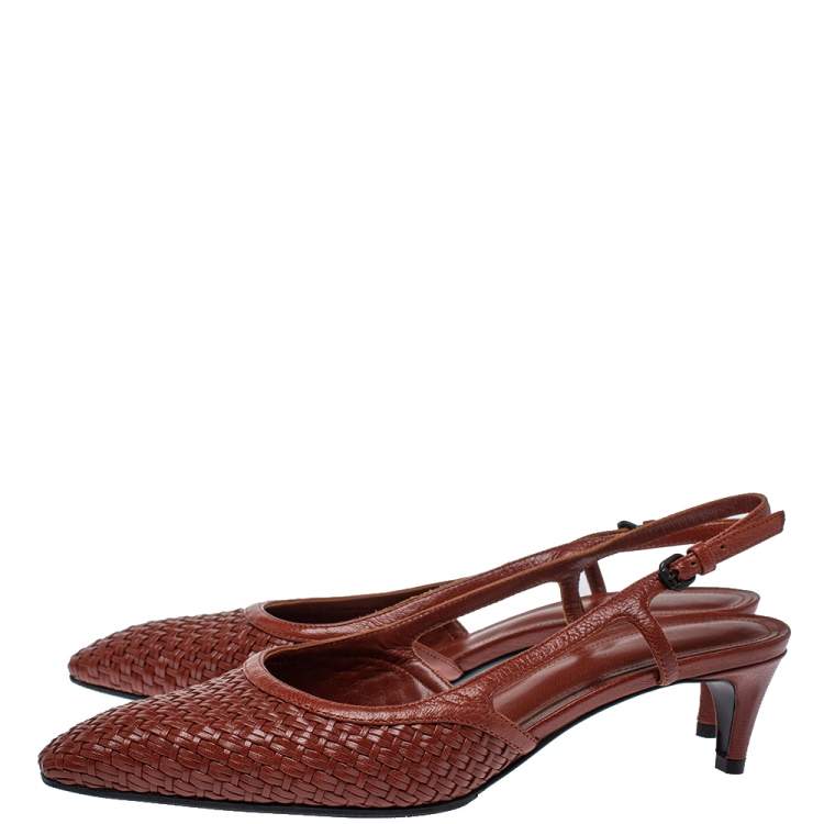 Pre Owned Bottega Veneta Burgundy  Leather Woven  Slingback Sandals Size 38 