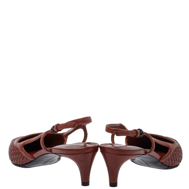 Pre Owned Bottega Veneta Burgundy  Leather Woven  Slingback Sandals Size 38 