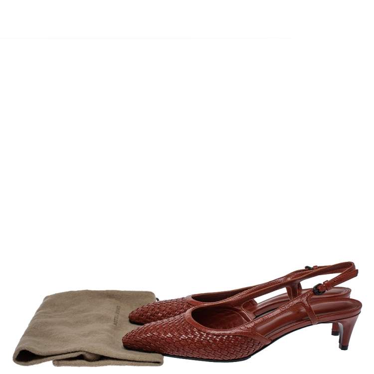 Pre Owned Bottega Veneta Burgundy  Leather Woven  Slingback Sandals Size 38 