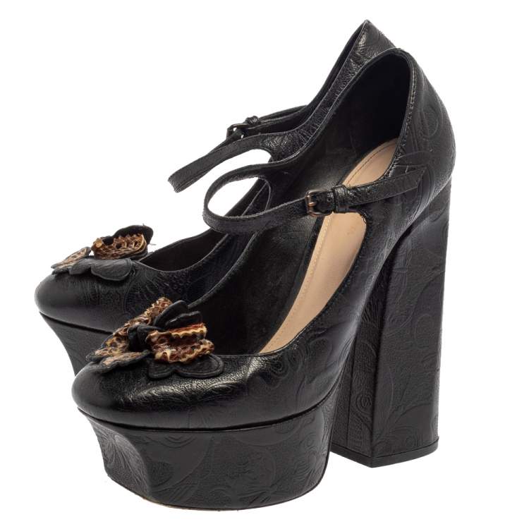 Pre Owned Bottega Veneta Black Embossed Leather Limited Edition 162/500 Butterfly Mary Jane Platform Pumps Size 38.5